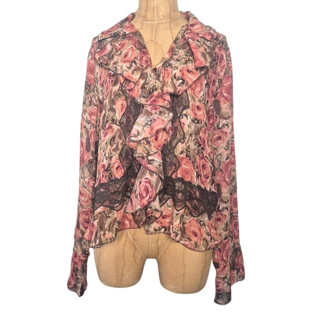 S.L.B. Pink Floral Long Sleeve Ruffle Blouse Coquette Y2K Size Medium